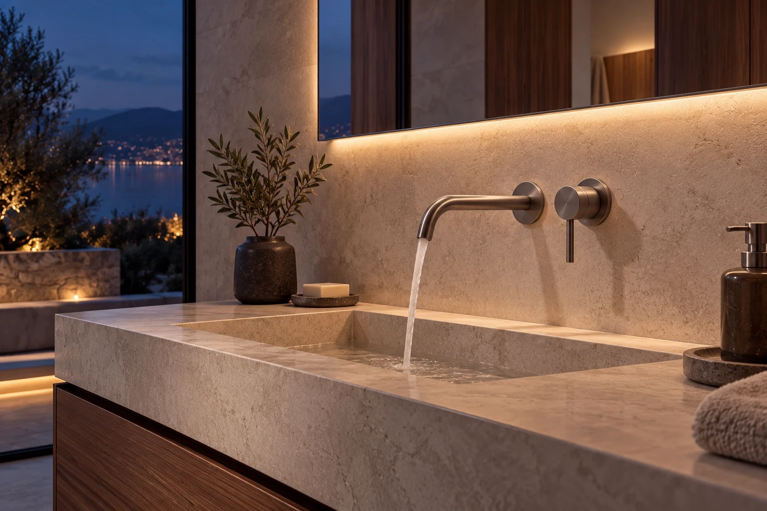 Rubinetteria e lavabo in pietra con illuminazione soffusa