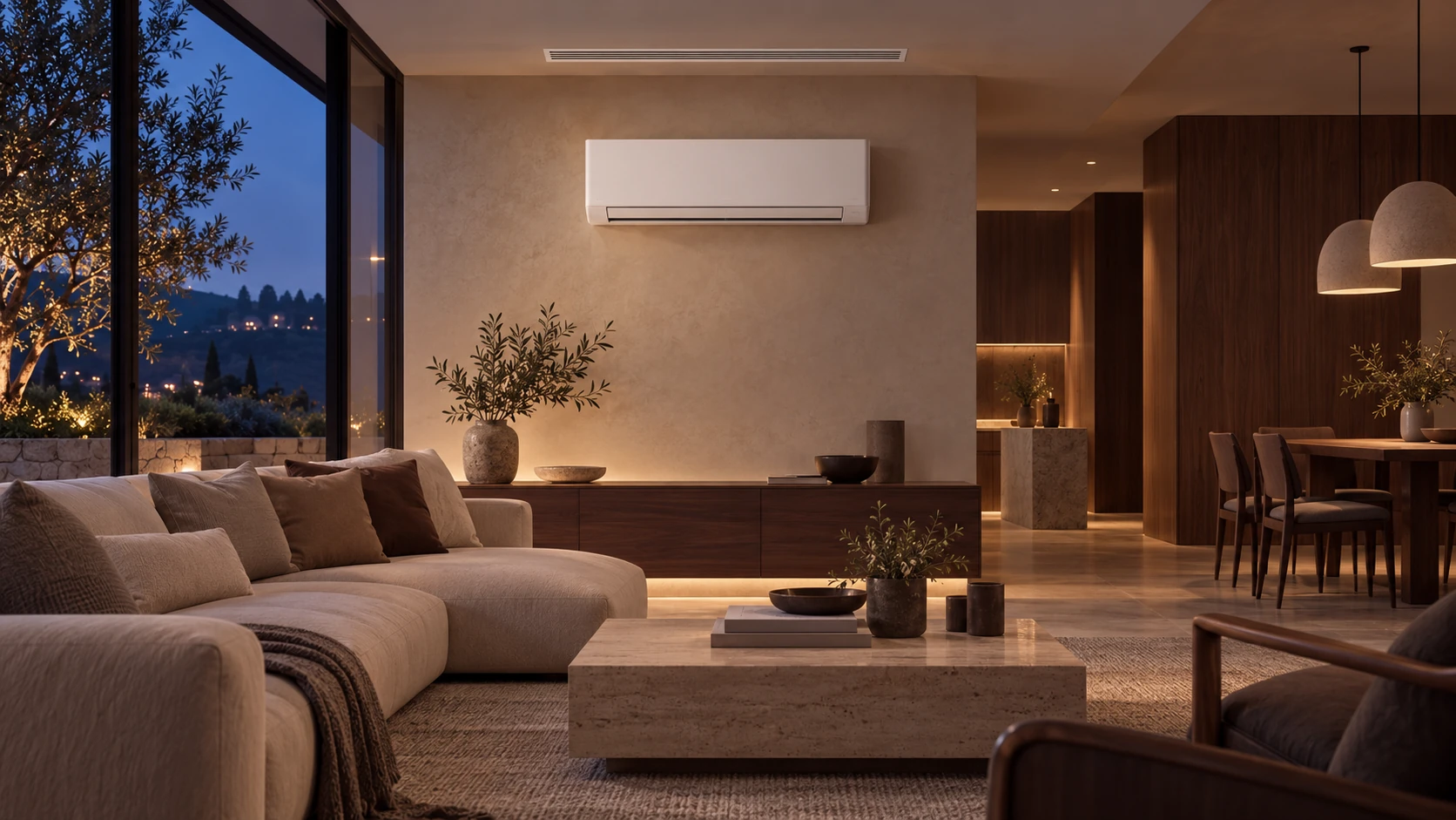 Soggiorno con climatizzatore a parete e luce serale